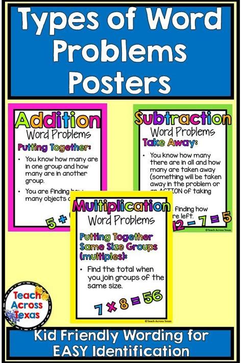 The divisors are in the range 2 to 9. Types of Word Problems Posters - Addition, Subtraction, Multiplication, Division | Word problems ...