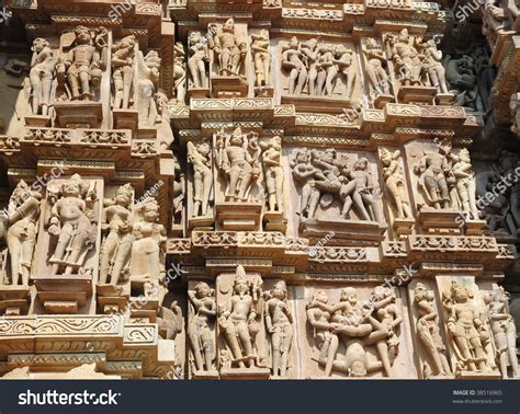 Famous Kamasutra Scenes On The Wall Of Hindu Temple In Khajurahoindia