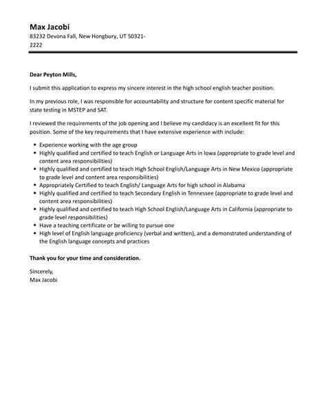 High School English Teacher Cover Letter Velvet Jobs