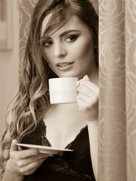 sensual woman drinking hot coffee beverage at home stock image image of home beverage 73442331