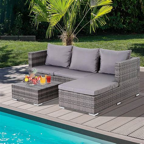Outsunny 3 Piece Outdoor Patio Rattan Wicker Sectional Sofa With Right
