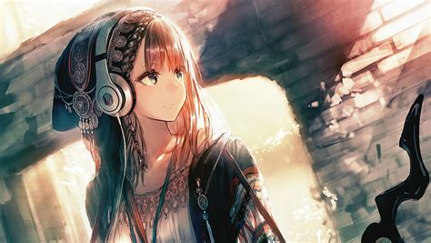 Anime Girl Headphones Looking Away Laptop Background And Girl