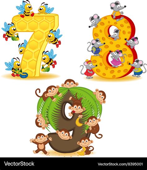 Set Of Numbers With Number Of Animals From 7 To 9 Vector Image