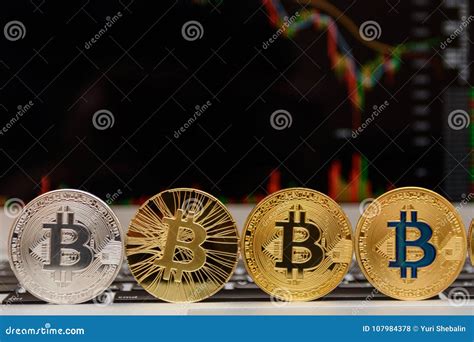 Four Bitcoins Stand On Notebook Keyboard Stock Photo Image Of