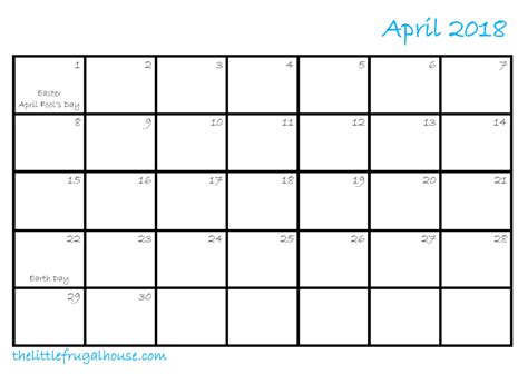 Free April Calendar Printable The Little Frugal House