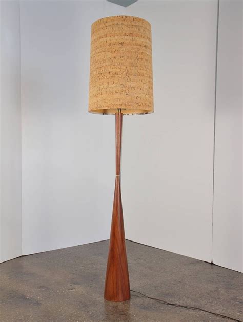 Large Mid Century Walnut Floor Lamp With Cork Shade Wood Floor Lamps