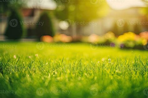 Neatly Trimmed Lawn On Blurred Spring Background Ground Level View