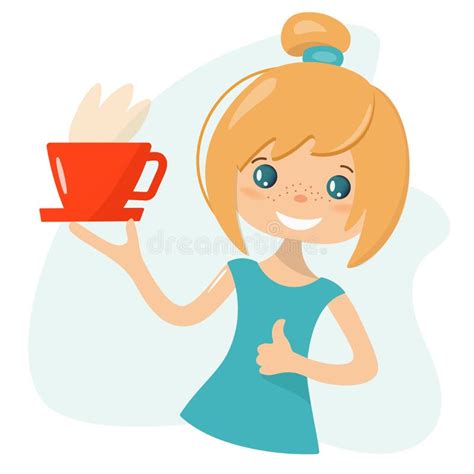 Cute Girl With Big Red Cup She Loves Coffee And Offers To Drink It To