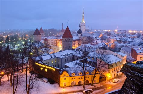 Estonia Houses Winter Evening Snow Street Lights Tallinn Cities