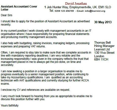 Cover letter accounting assistant sample. Assistant Accountant Cover Letter Example - Learnist.org