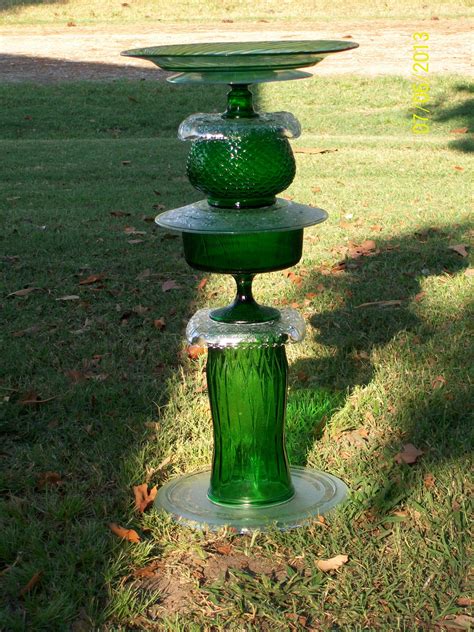 Bird Bath Feeder Glass Totem Whimsical Garden Art Recycled Garden