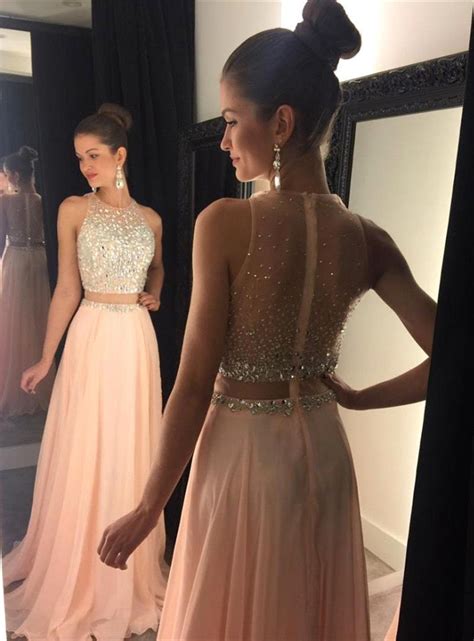 2 Pieces Sexy Prom Dresses Beaded Bodice Daffodil Chiffon Long Evening Dresses · Shedress