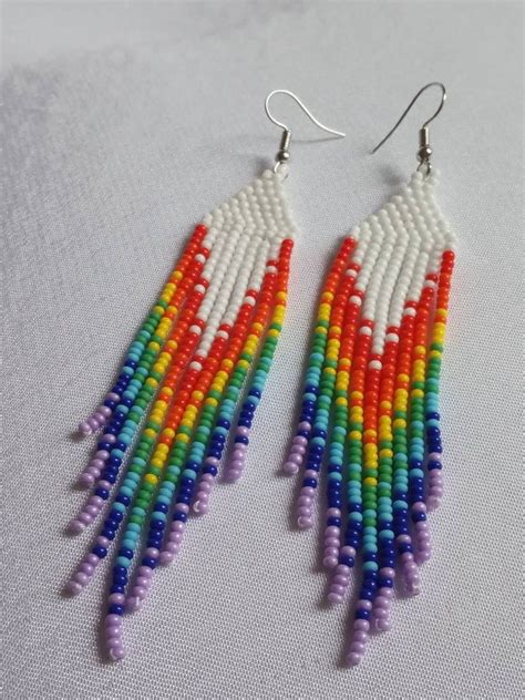 Rainbow Long Beaded Fringe Earrings Colorful Seed Bead Etsy