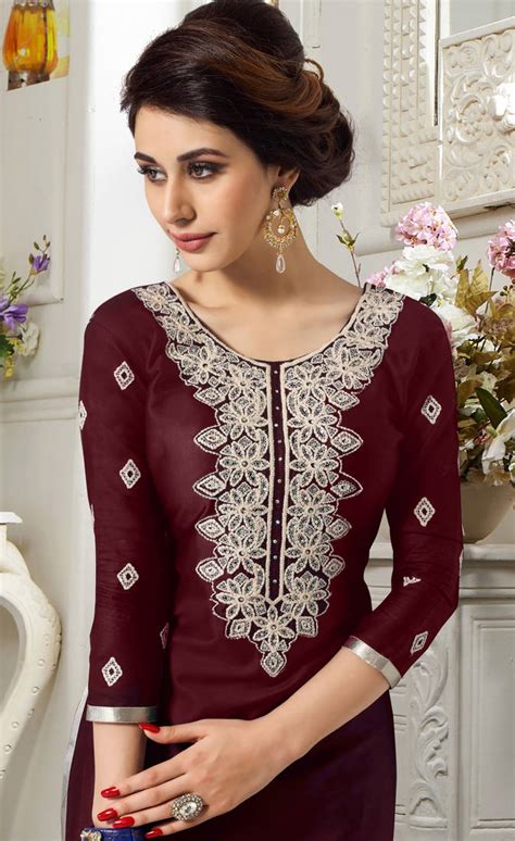 Brown Cotton Embroidered Straight Suit Dress Material Blissta 1298096