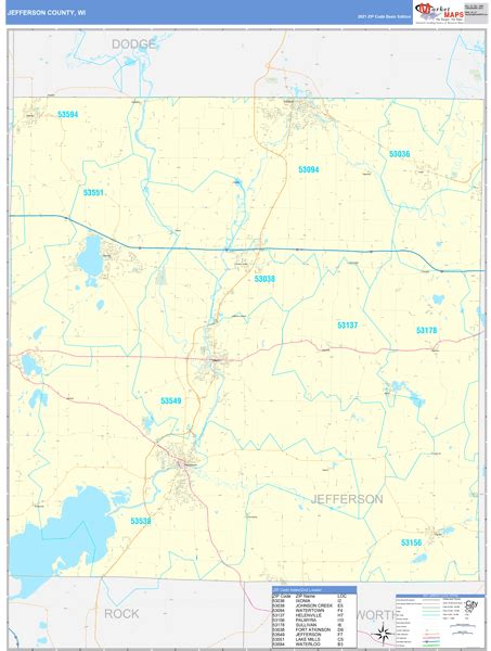 Jefferson County Wi Zip Code Wall Map Basic Style By Marketmaps