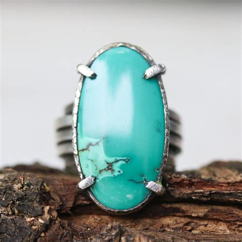 Oval Cabochon Turquoise Ring In Silver Bezel And Prongs Etsy In 2020