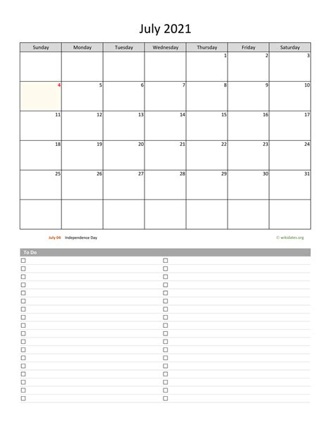 July 2021 Calendar With To Do List