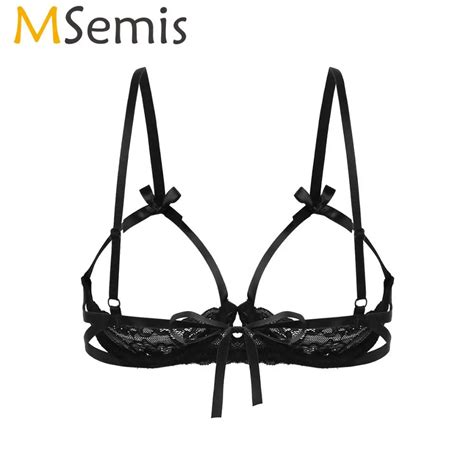 Sexy Erotic Hot Women Open Cup Bra Erotic See Through Sheer Lace Lingerie Open Nipple Back Tie