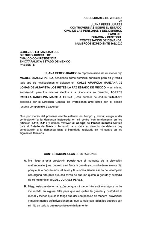 Contestacion DE Demanda CON Reconvencion Guarda Y Custodia PEDRO