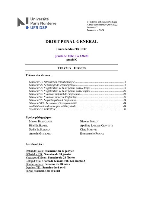 Fiche de TD droit pénal général 2021 2022 UFR Droit et Science