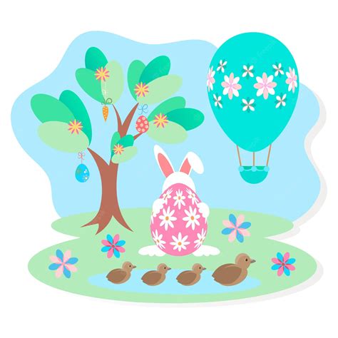 premium vector easter eggs hunt ducklings with duck in the lake hare hiding vector illustration