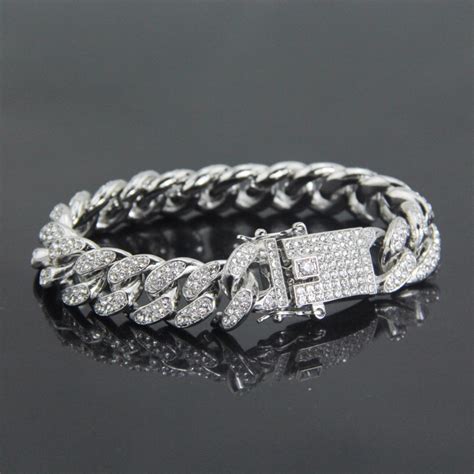 925 Silver Full Aaa Lab Diamond Pave Miami Cuban Link Chain Bracelet