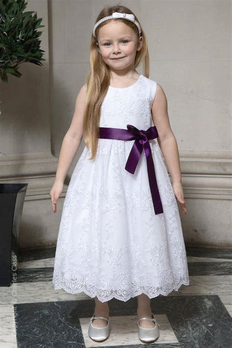 Girls White Lace Flower Girl Dress With Purple Sash Charles Class