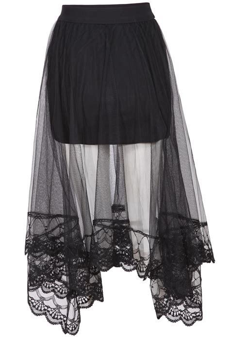 Black Elastic Waist Embroidered Hem Mesh Skirt Sheinsheinside