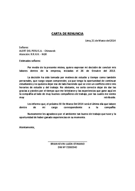 Ejemplo De Carta De Renuncia Laboral