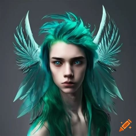 Digital Artwork Of An Attractive Androgynous Character With Long Green Hair And Wings On Craiyon