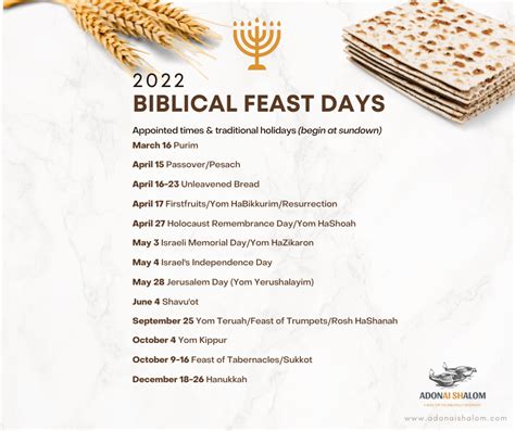 Biblical Feast Days And Significant Dates Free Printable Adonai Shalom