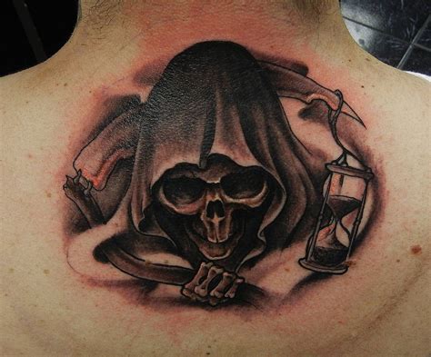 Awesome Grey Ink Grim Reaper Tattoo On Man Upperback