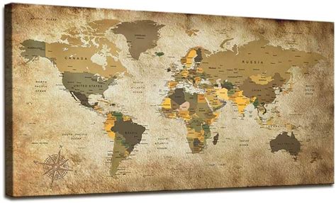 World Map Wall Art For Office Vintage Wood Grain World Map Poster