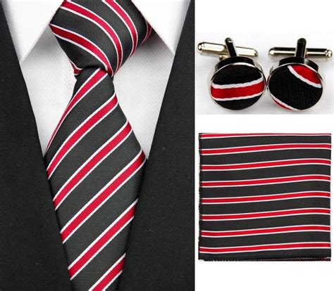 Ia205 Black Red Stripe Men Tie Neckties Hanky Cufflinks Handkerchief