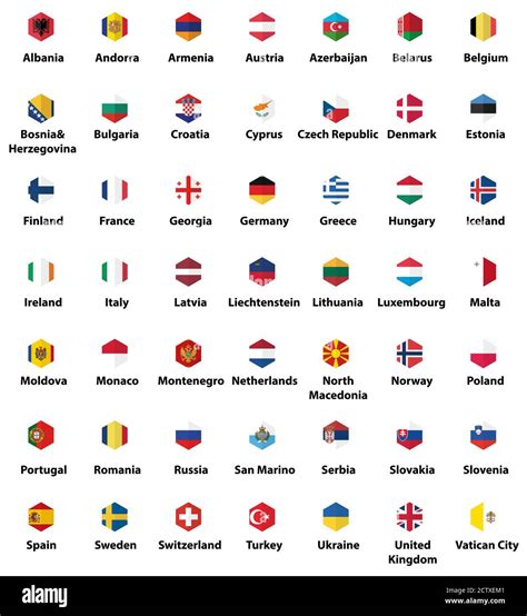 Europe All Countries Flags Hexagon Isolated Flat Style Design Icons