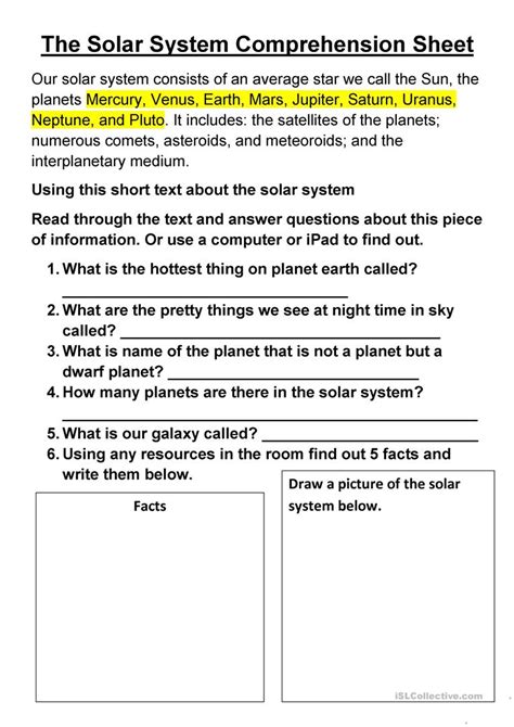 The Solar System Comprehension Sheet English Esl