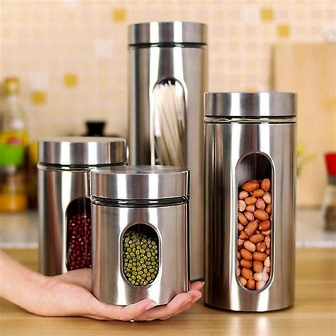 quality stainless steel canister set for kitchen counter with glass window and airtight lid food