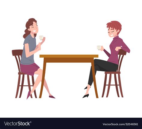 Two Girls Sitting At Table In Cafe People Vector Image