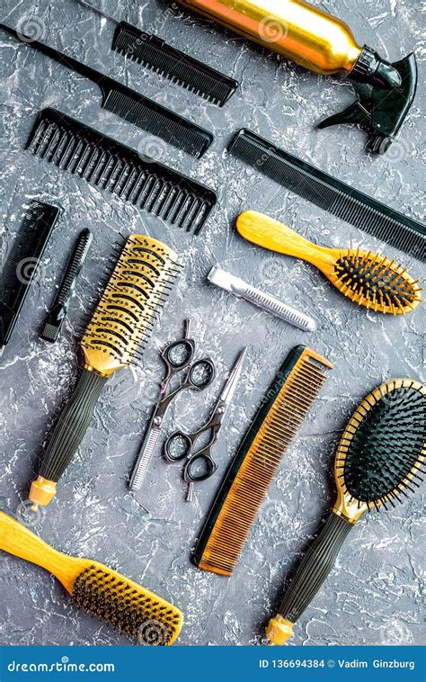 Hairdresser Tools Pattern Gray Background Top View Stock Photo Image