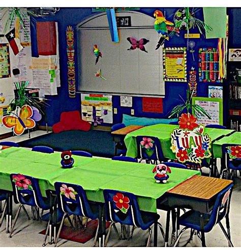 Third Grade Classroom Decorated With A Luau Banquet Theme For End Of