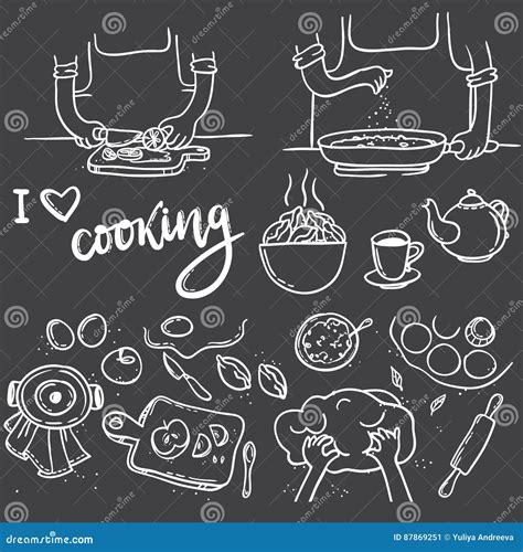 Cooking Lettering I Love Cook Hand Drawn Doodle Food Cooking Se Stock Illustration