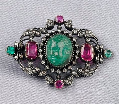 Renaissance Revival Emerald Cameo Emerald Ruby And Diamond Brooch