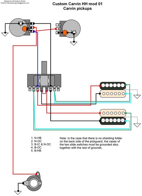 To attach a tone control to the circuit, we connect the input to the volume control (our hot signal from the pickup) to a second pot, at one end of the. Hermetico Guitar: Wiring Diagram: Carvin Custom HH 01