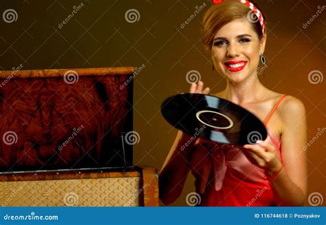 Retro Woman With Music Vinyl Record Girl Pin Up Style Wearing Red