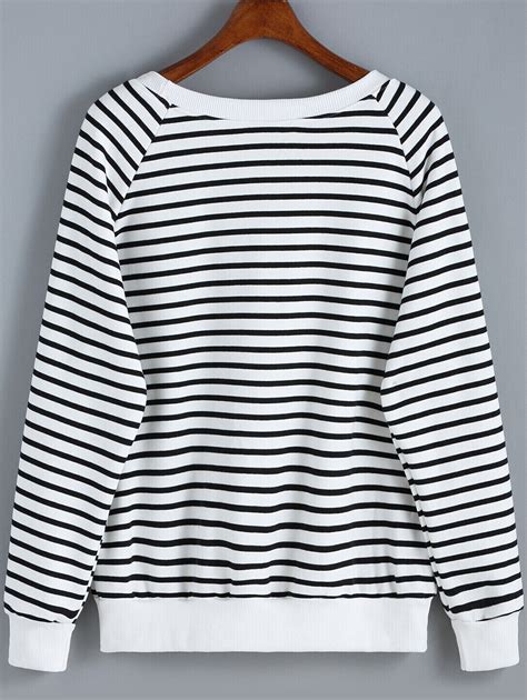 Black White Round Neck Striped Sweatshirt Sheinsheinside