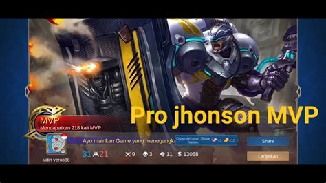 Mobil Legend Push Conquest Of Dawn Jhonson Pro Player Mvp Youtube