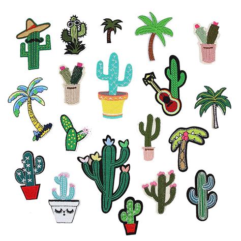 19pcs Embroidery Patches Cactus Coconut Tree Pattern Mixed Iron On