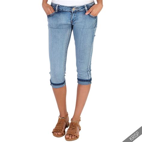 womens ladies stretch denim cropped skinny jeans summer capri trousers hot pants ebay