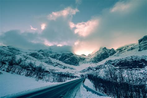 Wallpaper Mountains Winter Road Snow Clouds Norway Hd Widescreen