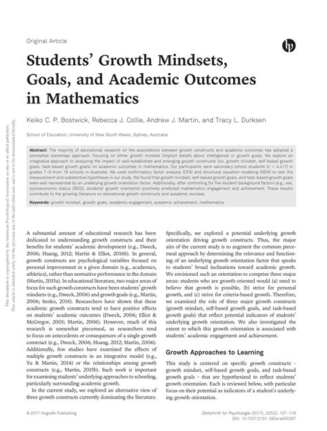 Students Growth Mindsets Goals And Academic Outcomes In Mathematics